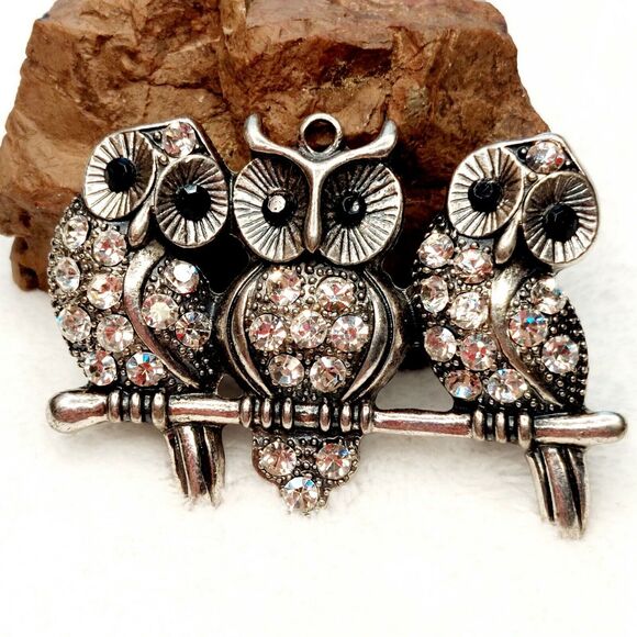 Owls On A Branch Pendant Charm Bale AB Rhinestones Silver Tone - Picture 1 of 5